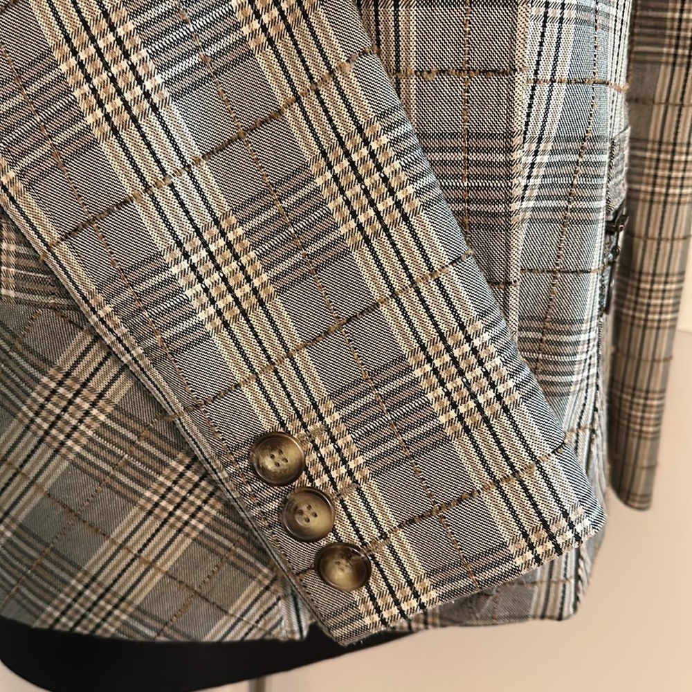 H&M | Vintage Neutral Brown Tan Plaid Blazer Large Lapel Button Down Coat - Picture 5 of 11